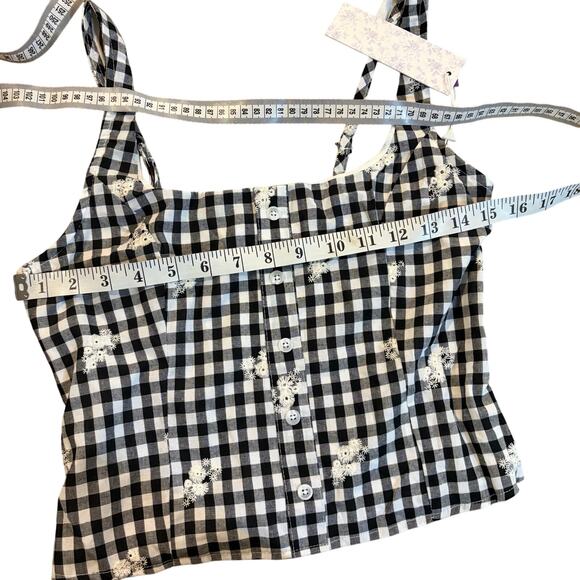 Lotus & Lavender TanK Top M Black White Gingham Floral Button Front Crop - Picture 4 of 7